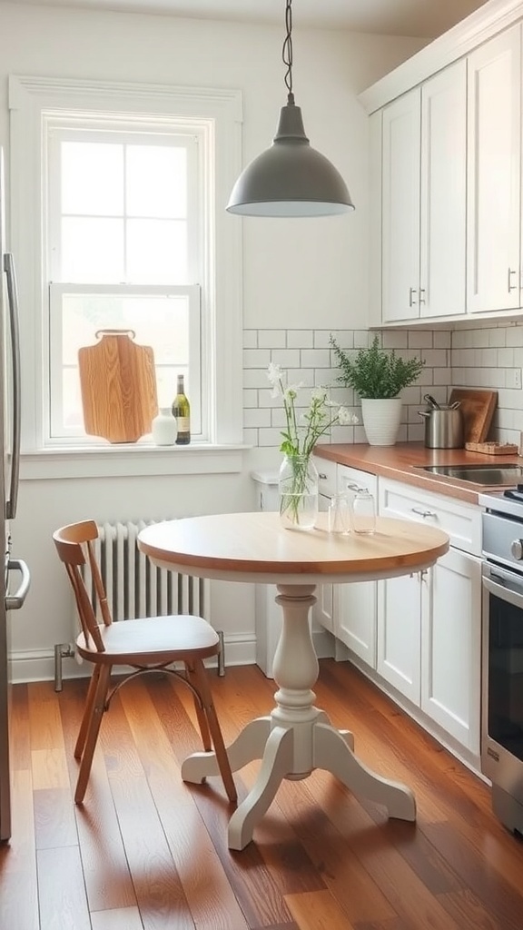 A round farmhouse kitchen table with a wooden top and white base, accompanied by a wooden chair in a bright kitchen.