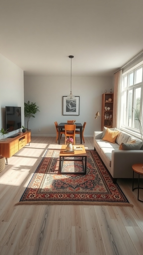 A cozy living room with a rug defining the seating area, featuring a sofa, coffee table, and dining space.