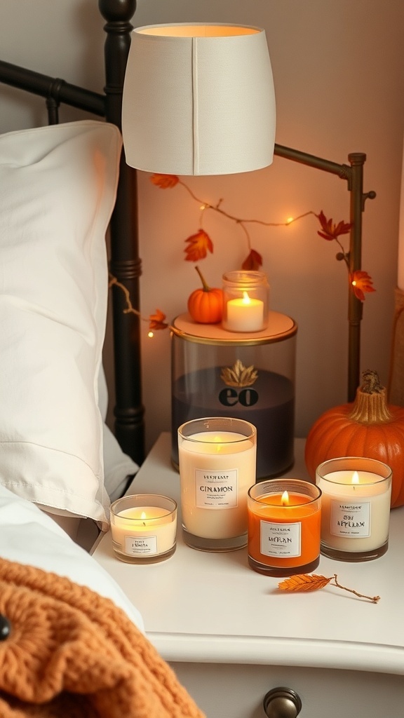 A cozy bedroom scene featuring scented candles, a pumpkin, and autumn leaves on a bedside table.