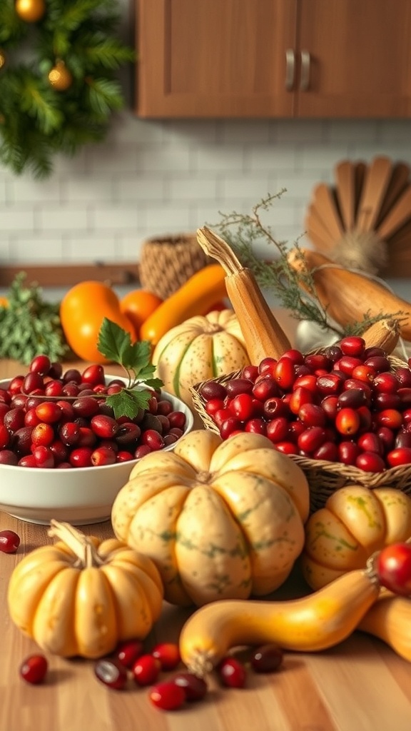 A festive kitchen scene with seasonal produce including pumpkins, squash, and cranberries.