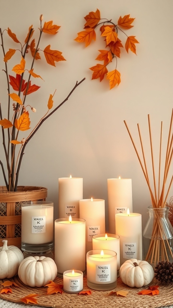 A cozy fall decor setup featuring candles, pumpkins, and autumn leaves.