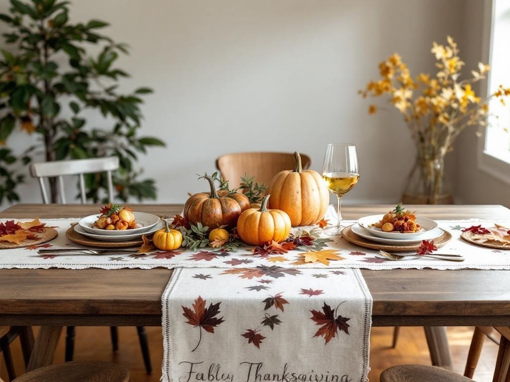 A Thanksgiving table set with a table runner, pumpkins, and autumn leaves.