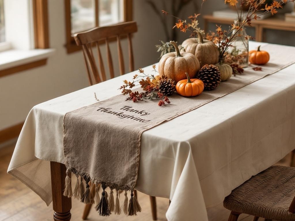 A Thanksgiving table with a beige tablecloth and a decorative table runner featuring the words 'Thanks Thanksgiving'. The runner is adorned with pumpkins, pinecones, and autumn leaves.