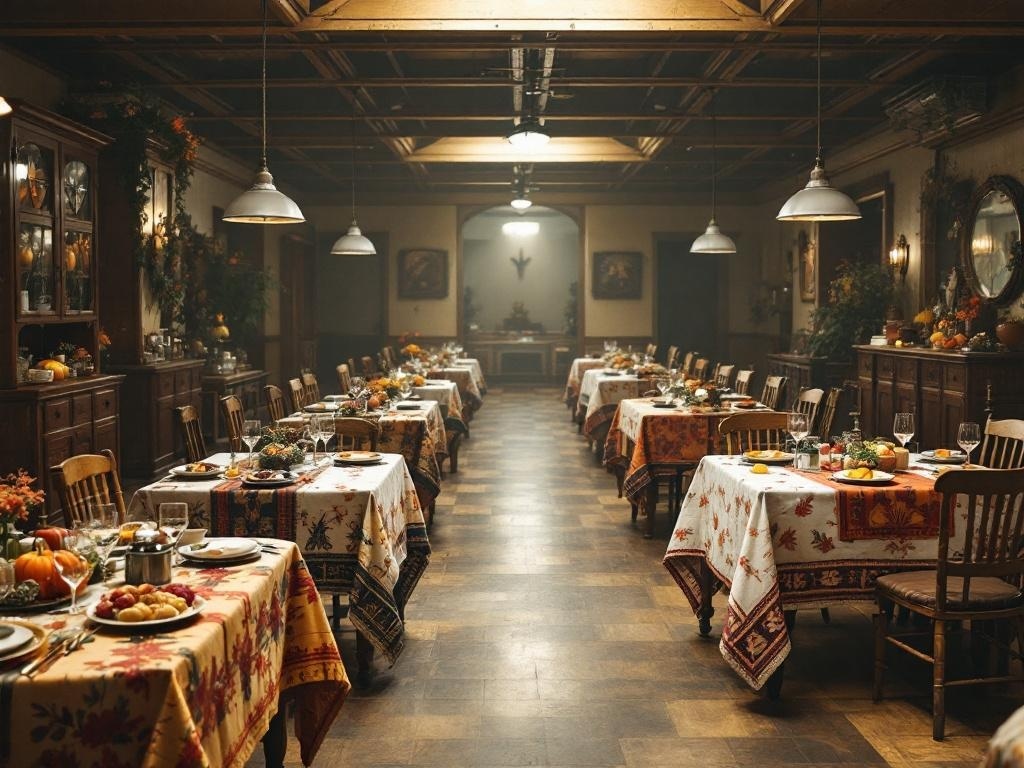 A dining area with multiple tables covered in colorful tablecloths, decorated for a festive meal.