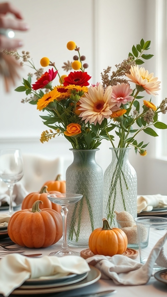 A modern Thanksgiving table featuring textured glass vases with colorful floral displays and small pumpkins.