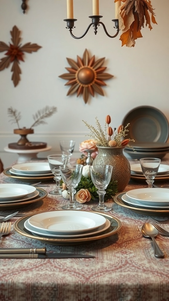 A beautifully set Thanksgiving table with vintage decor elements, featuring elegant plates, glassware, and a floral centerpiece.