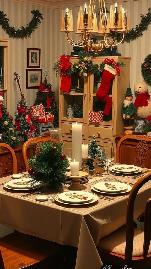 A beautifully decorated Christmas dining table with vintage elements.