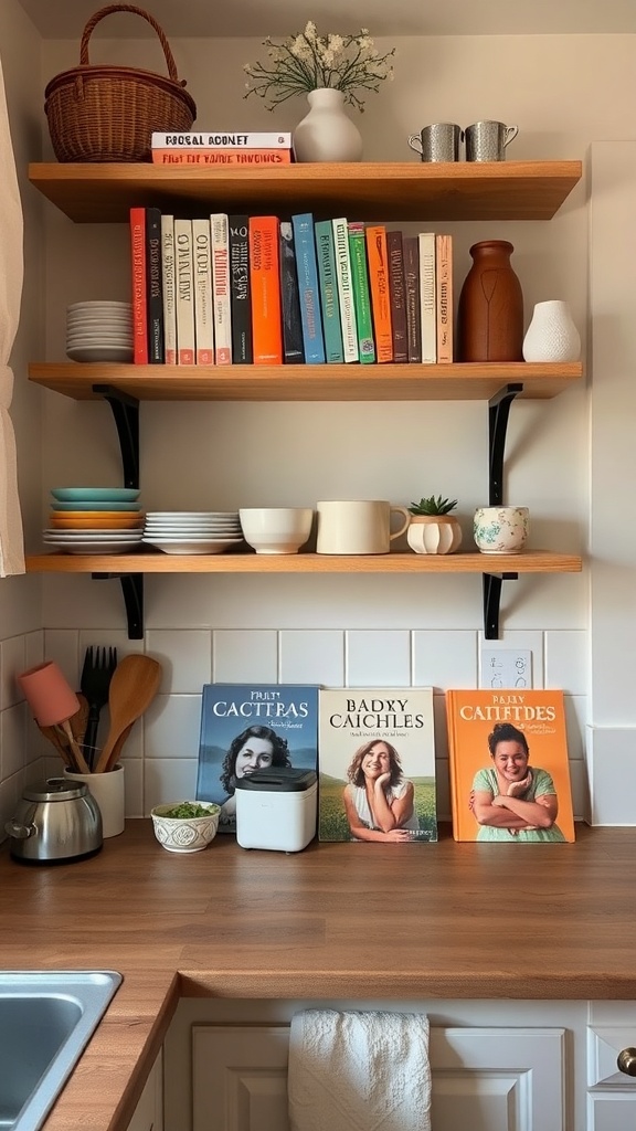 Open shelves in a small kitchen displaying cookbooks, decorative items, and kitchenware.