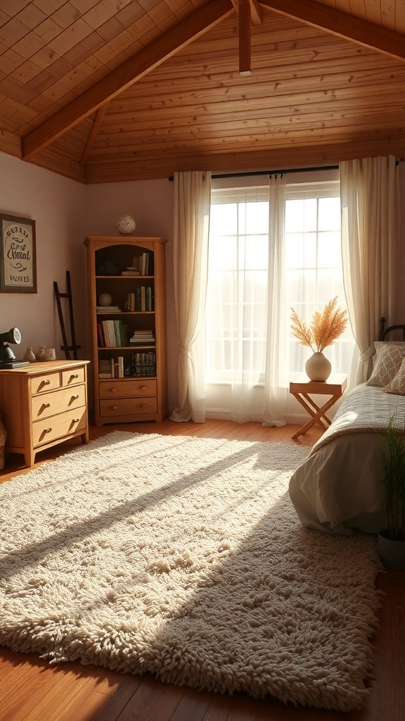 Cozy bedroom with a fluffy area rug and natural light.