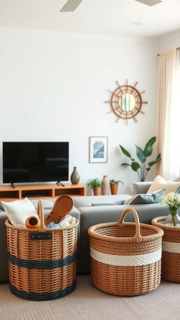 Stylish baskets and bins in a cozy living room setting.