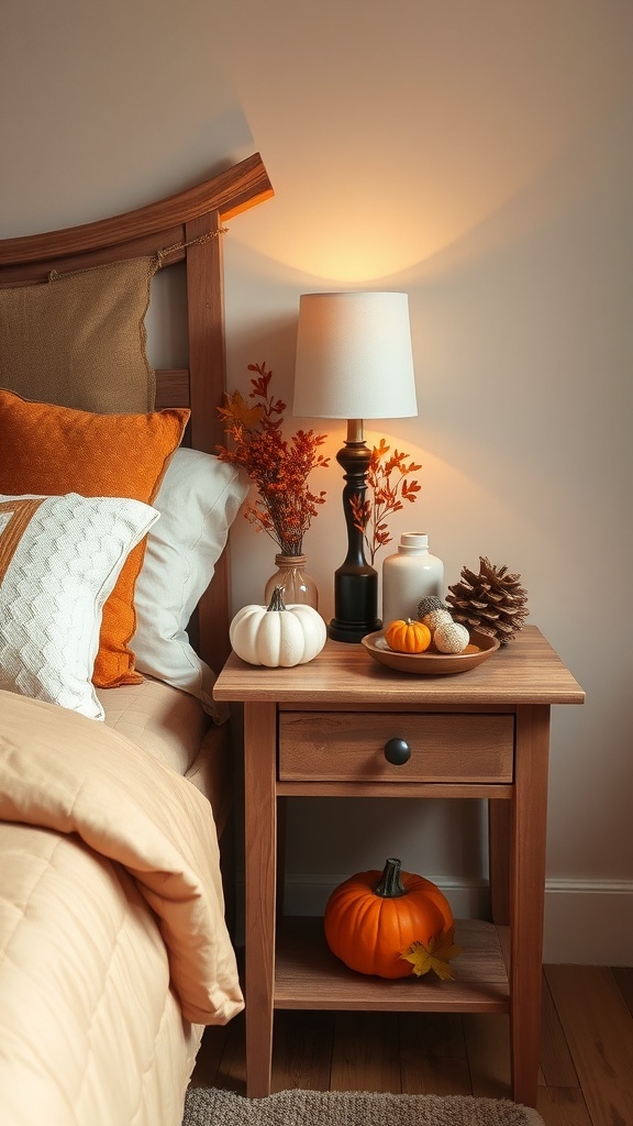 A cozy bedside table decorated for autumn with pumpkins, pinecones, and warm lighting.