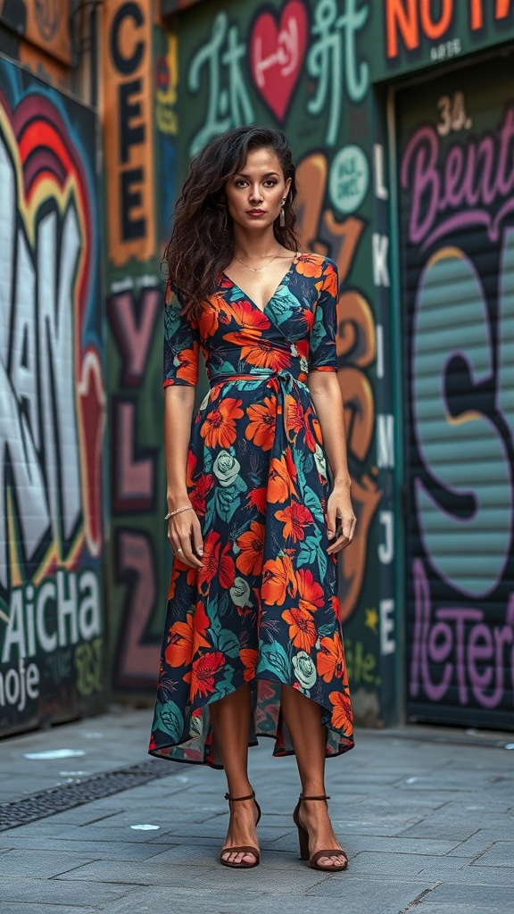 A woman in a vibrant floral wrap dress stands confidently in front of a colorful graffiti wall.