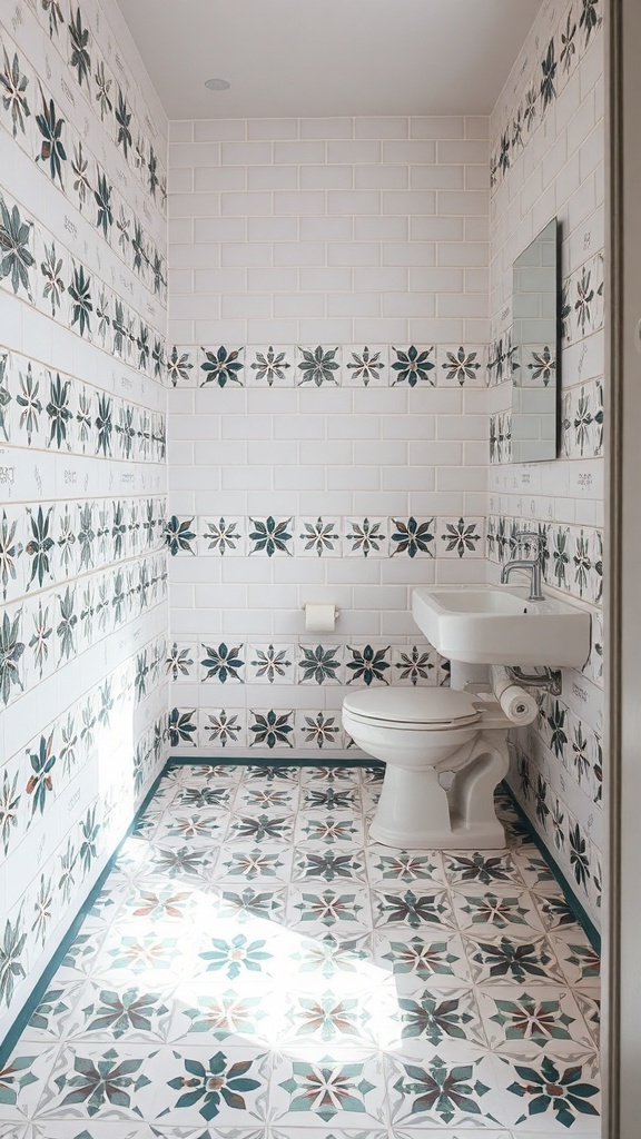 A small bathroom featuring bold patterned tiles on the floor and walls.