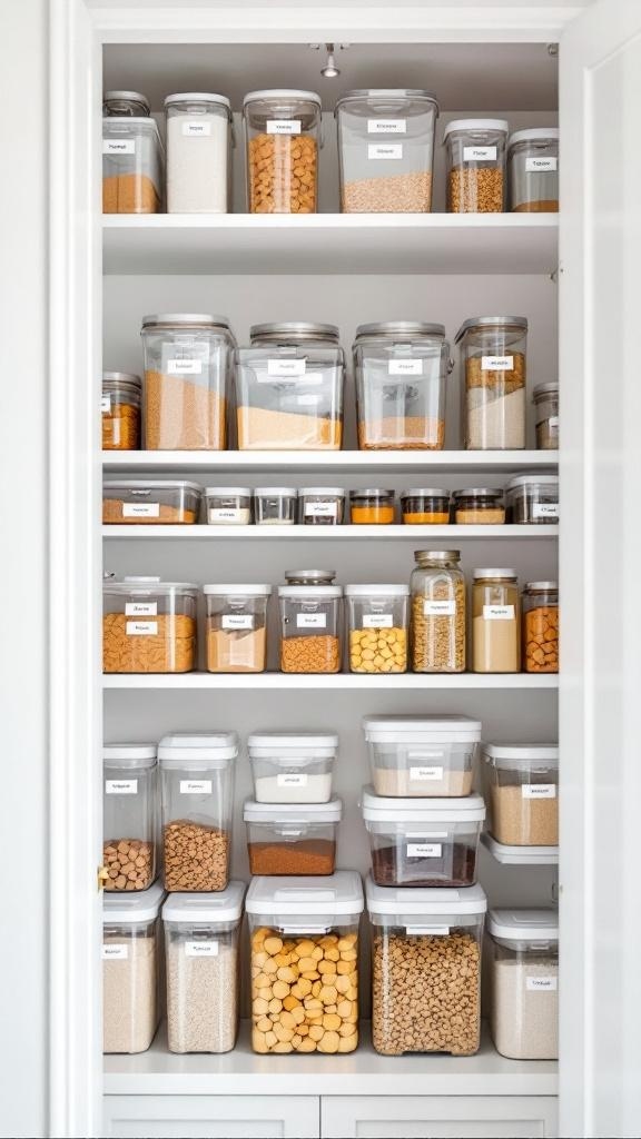 A neatly organized pantry with clear containers filled with various ingredients, all labeled for easy access.