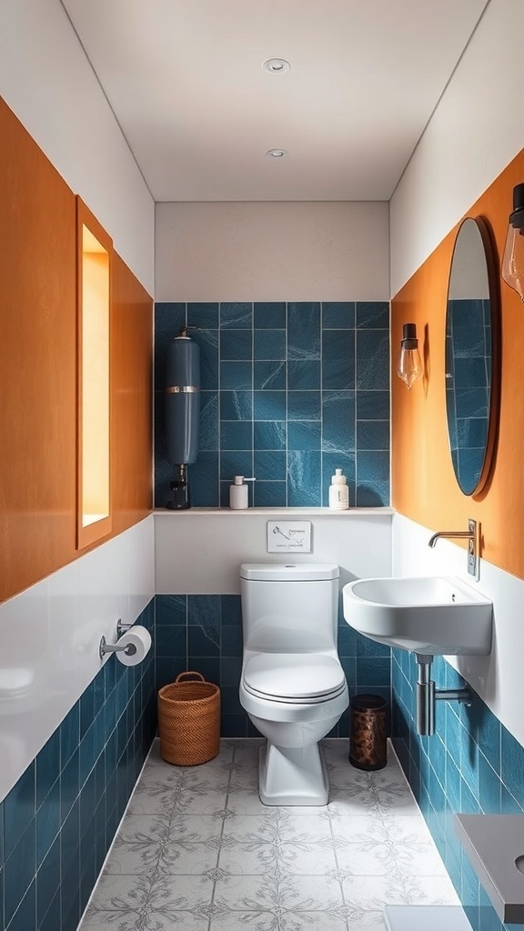 A modern small bathroom featuring color blocking with orange and blue tiles.