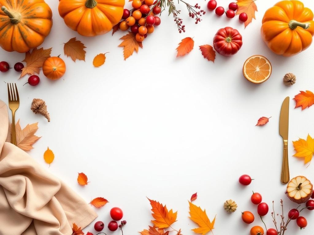 Thanksgiving table decorated with pumpkins, autumn leaves, and warm color tones.
