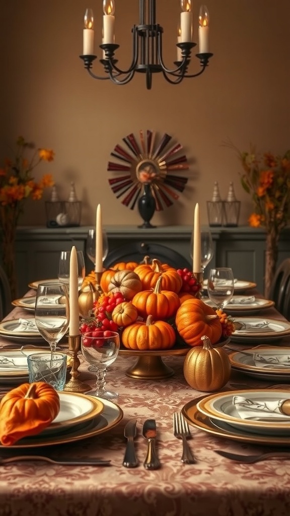A beautifully set Thanksgiving table with pumpkins, candles, and elegant tableware.