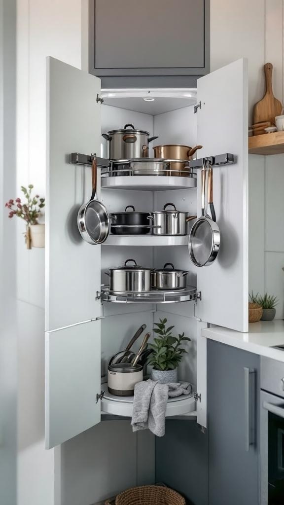 A corner kitchen cabinet with rotating shelves filled with pots, pans, and plants.