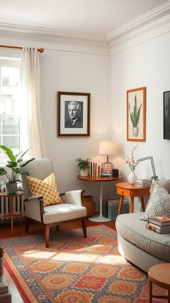 A cozy corner in a small living room with a chair, table, and decorative elements.