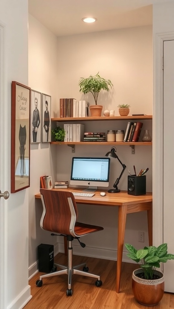 A small corner workspace with a desk, computer, and plants.