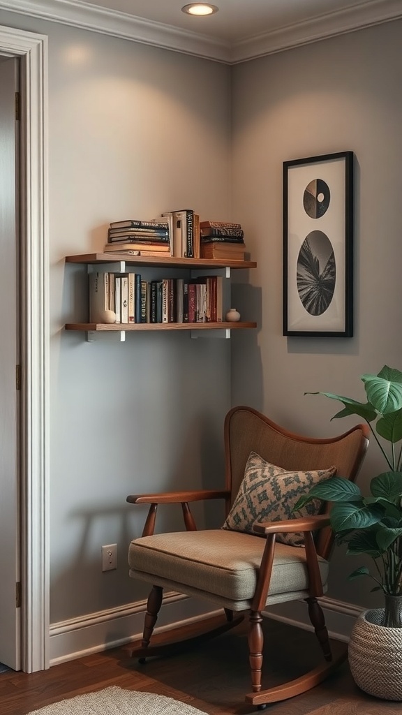 Cozy corner with a rocking chair, floating shelves with books, and a plant.