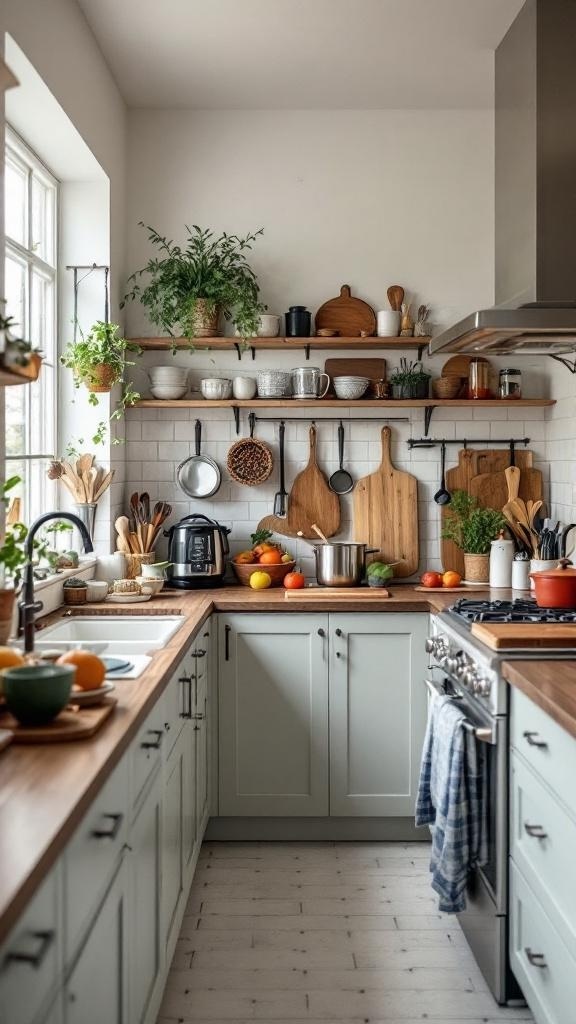 A cozy galley kitchen with open shelving, plants, and organized countertop space.