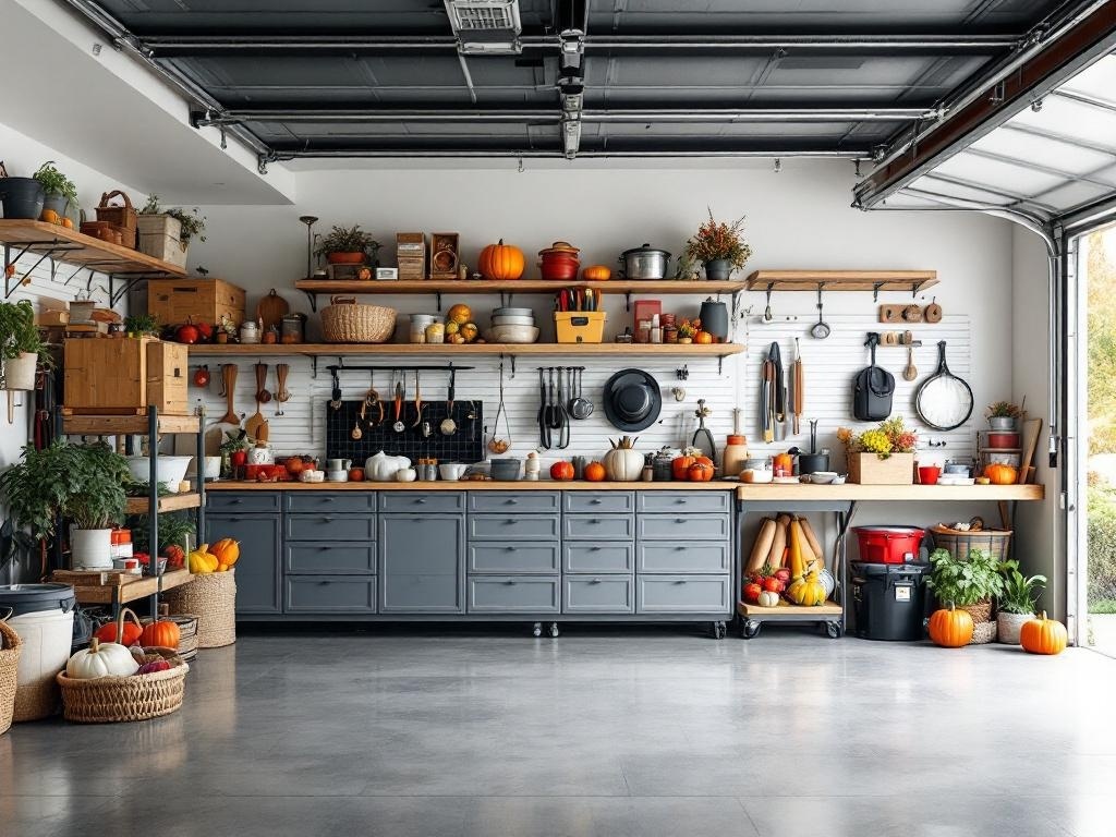 A well-organized garage with shelves filled with pumpkins, kitchen tools, and seasonal decorations, showcasing efficient storage for Thanksgiving.