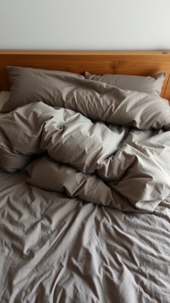 A cozy bed with heavy duvets and pillows in neutral tones.