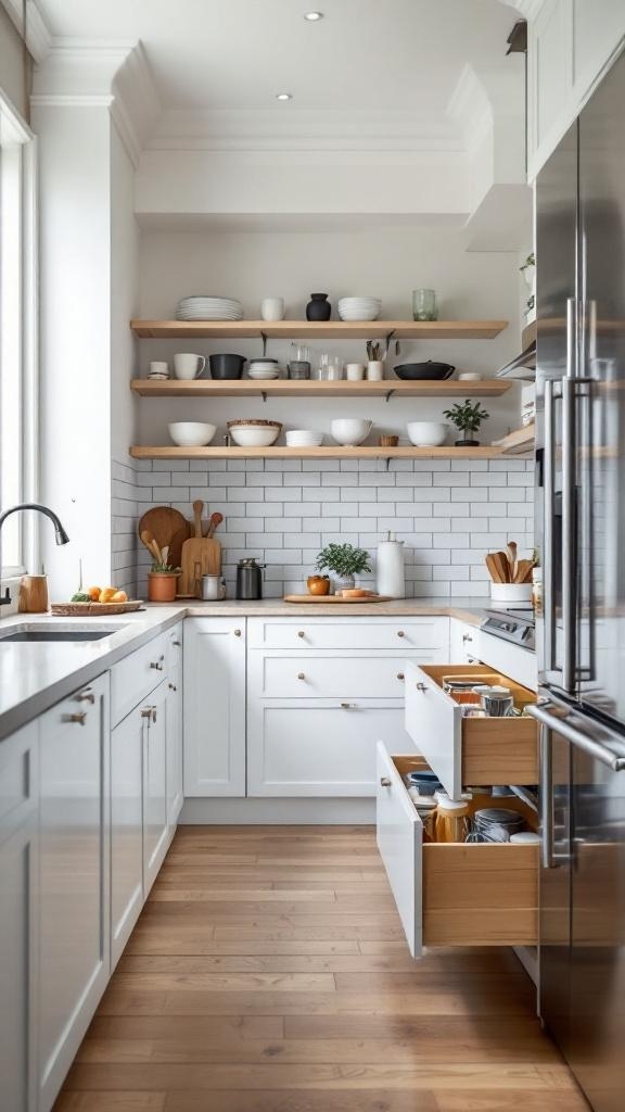 A modern galley kitchen featuring open shelves and organized drawers for hidden storage solutions.