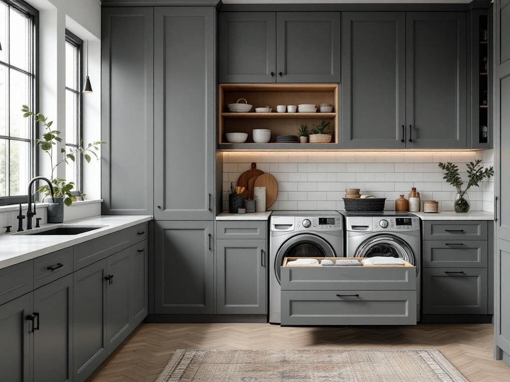 A modern small laundry room with gray cabinets, a pull-out drawer, and open shelving.