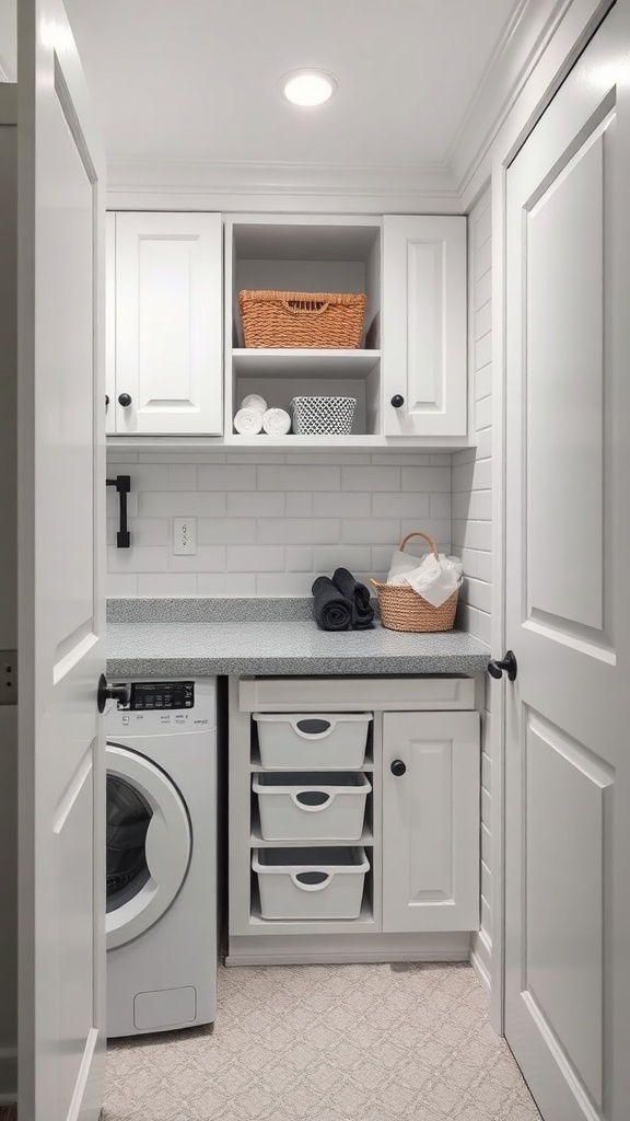 A small, organized laundry room with a washer, upper cabinets, and storage drawers.