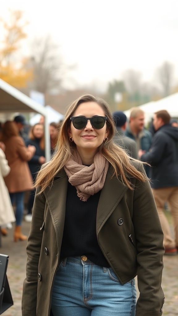 A woman in a layered fall outfit with a green coat, black sweater, and scarf, smiling outdoors.