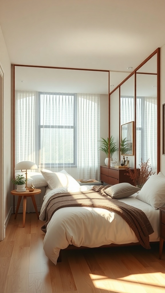 A small bedroom with large mirrors reflecting light and creating an open feel.