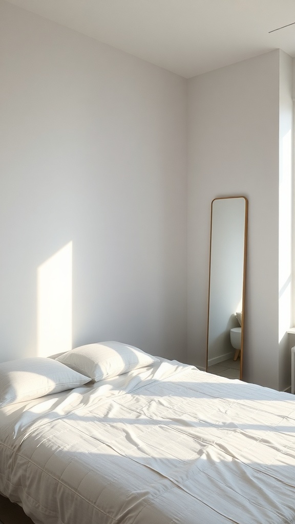 A neutral bedroom with a bed and a tall mirror reflecting light.