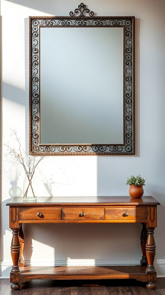 A rustic entryway table with a decorative mirror above it.