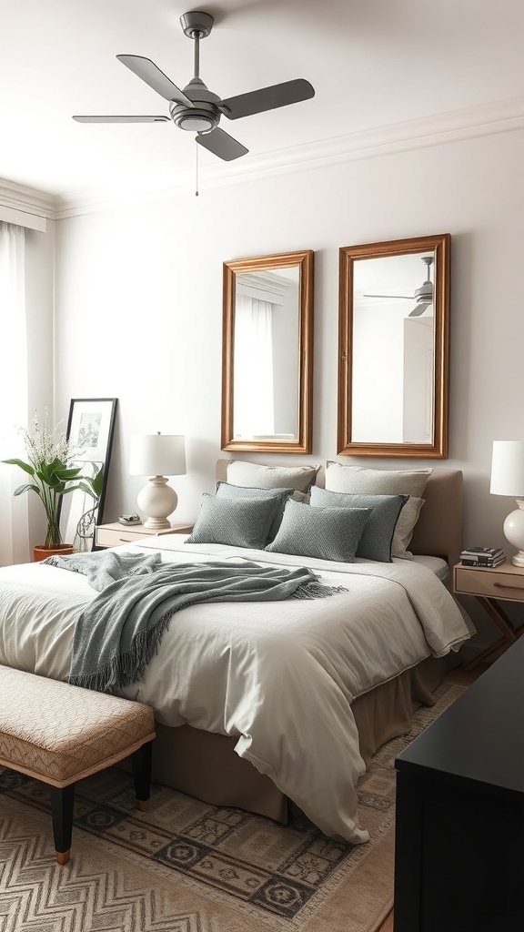 A master bedroom featuring a bed with decorative pillows, a bench, and two mirrors above the headboard.