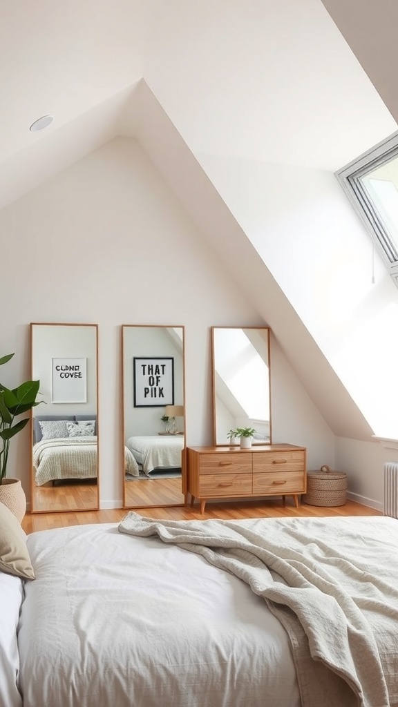 A bright loft bedroom featuring three tall mirrors, a wooden dresser, and a cozy bed with a light blanket.