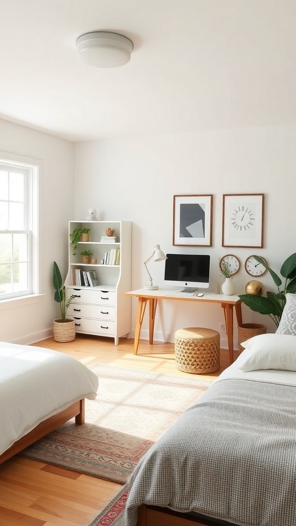 A modern farmhouse office space featuring a desk, plants, and natural light.