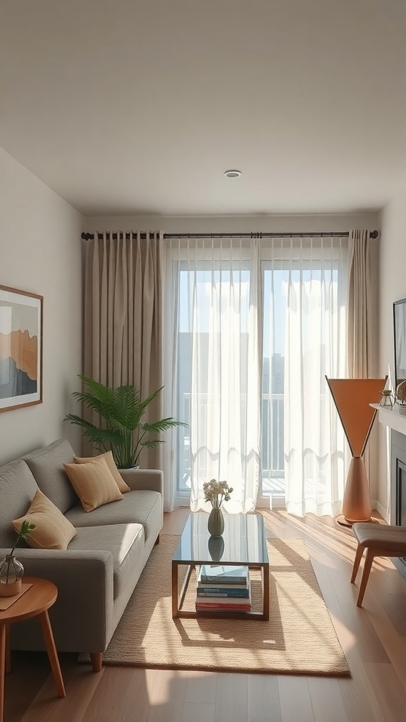 A small living room with light curtains, a sofa, and a coffee table, showcasing natural light.