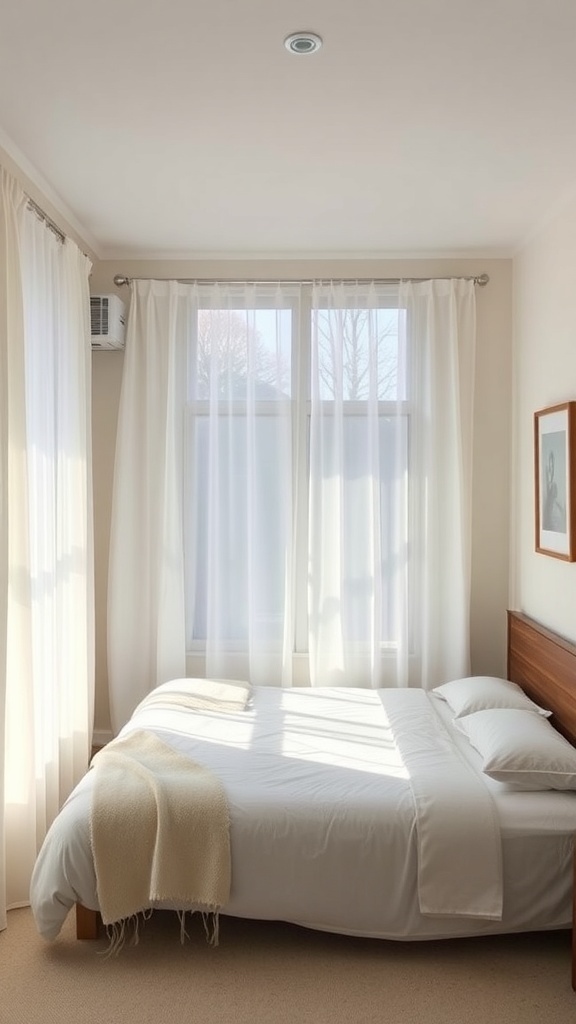 A small guest bedroom with sheer white curtains allowing natural light to brighten the space.
