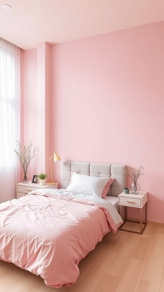 A minimalist pink bedroom with a light pink wall, a gray bed, and simple furniture.