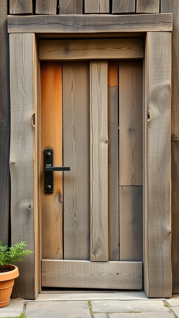 A rustic front door made from reclaimed wood, featuring a simple black handle.