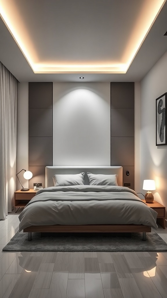 Modern bedroom with smart lighting solutions and a cozy bed.