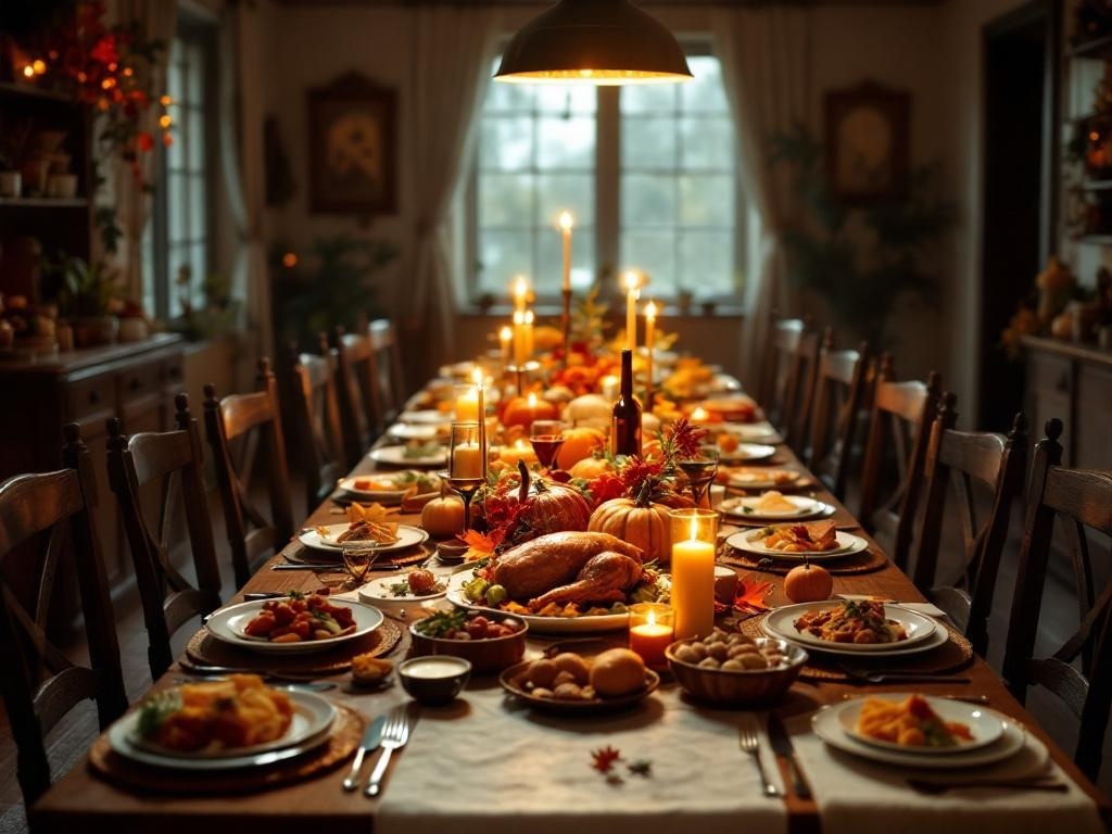 A beautifully set Thanksgiving dining table with various dishes, candles, and decorations.
