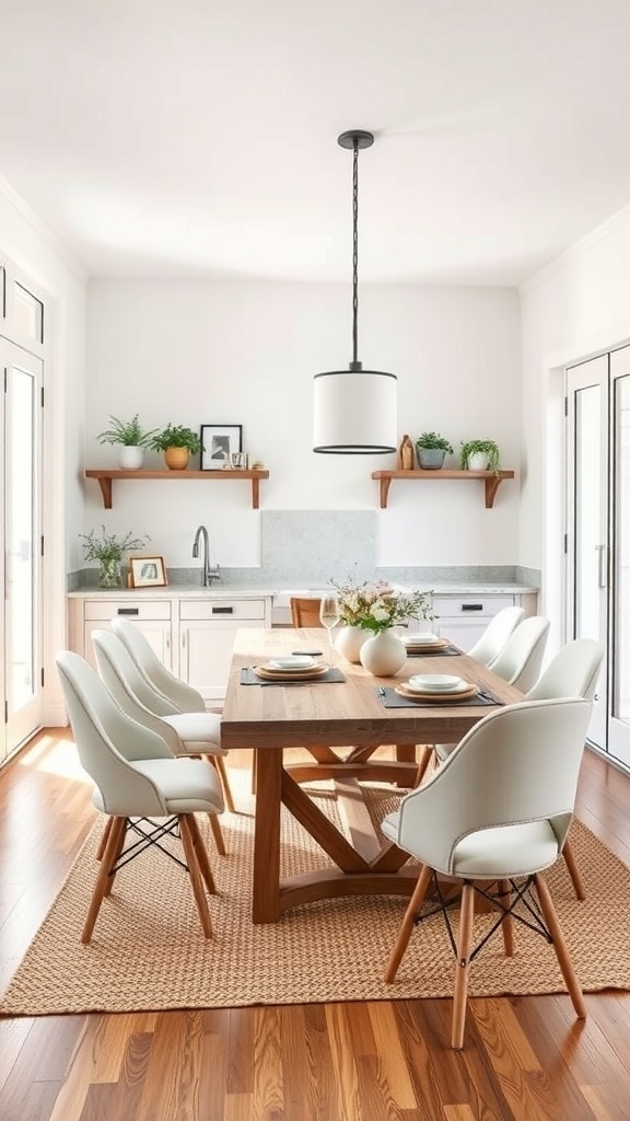 A modern farmhouse dining room featuring a wooden table, white chairs, and natural light.