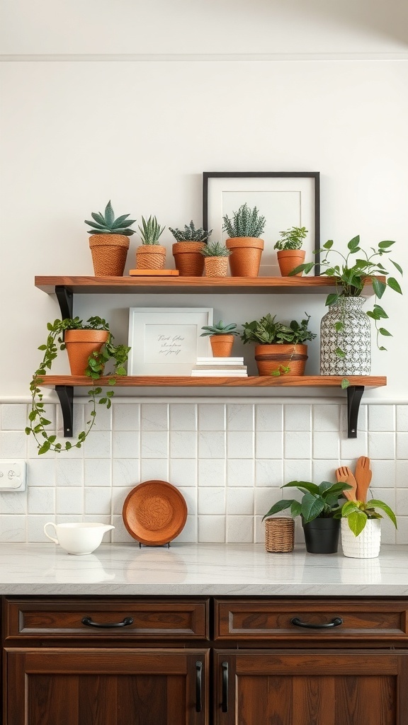 Shelves above kitchen cabinets with potted plants and decorative items
