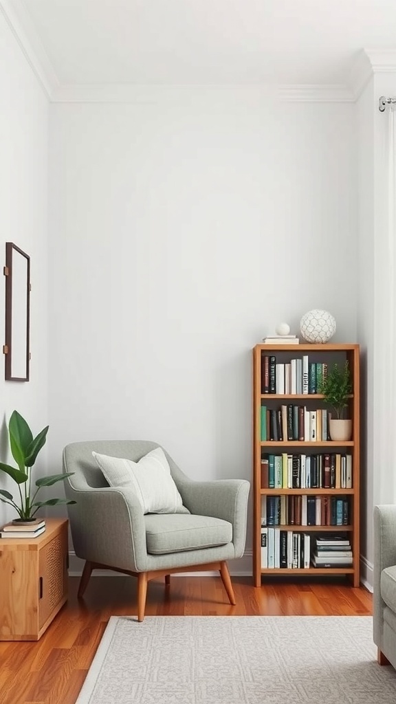 Cozy corner in a small living room with a chair, bookshelf, and plant.