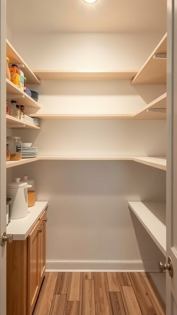 A well-organized pantry with shelves displaying jars and plates.