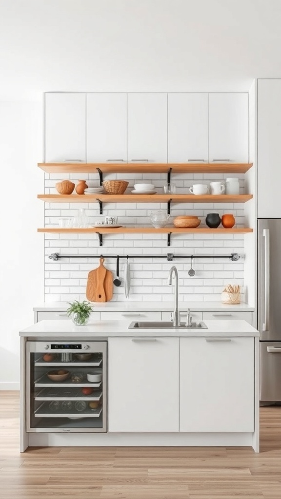 A modern kitchen with open shelving above a peninsula, featuring various kitchenware and decorative items.