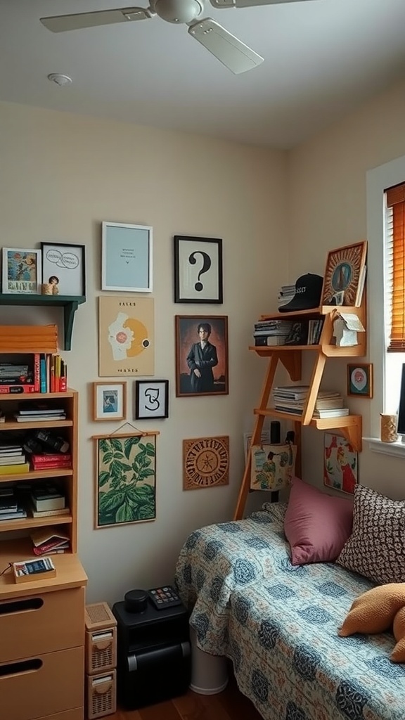 A cozy dorm room with a mix of framed art on the walls, a ladder shelf, and a neatly organized dresser.